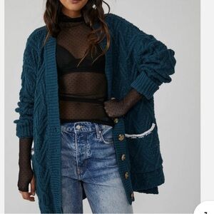 Free People Montana cable cardi thick knit longline sweater in varsity blue!